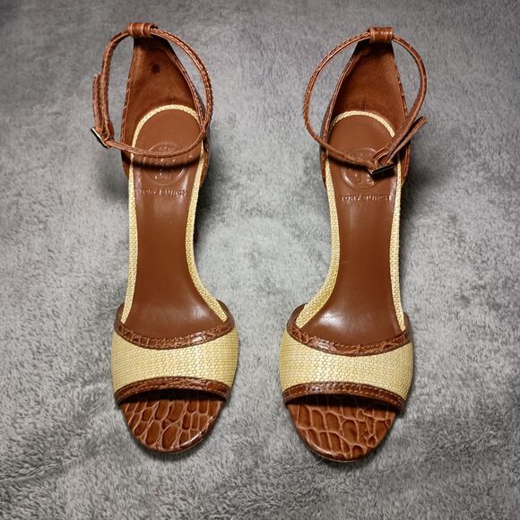 Tory Burch Croc Designed Ankle Strap Peep Toe Leather Heels Sandals Size 7M 7 M - Picture 9 of 16